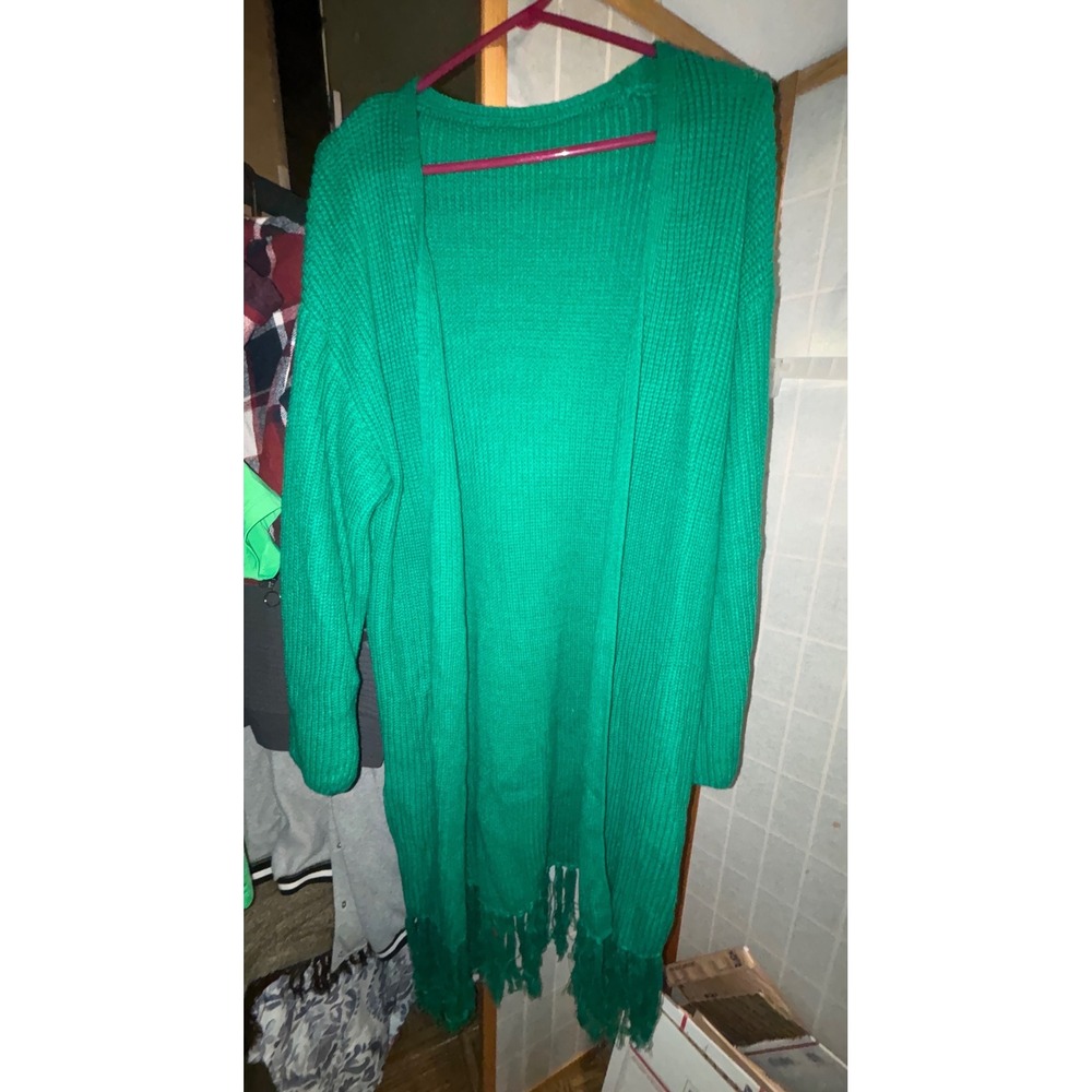 Green Waffle Knit Longline Cardigan Tassel Fringe Hem Open Front Medium